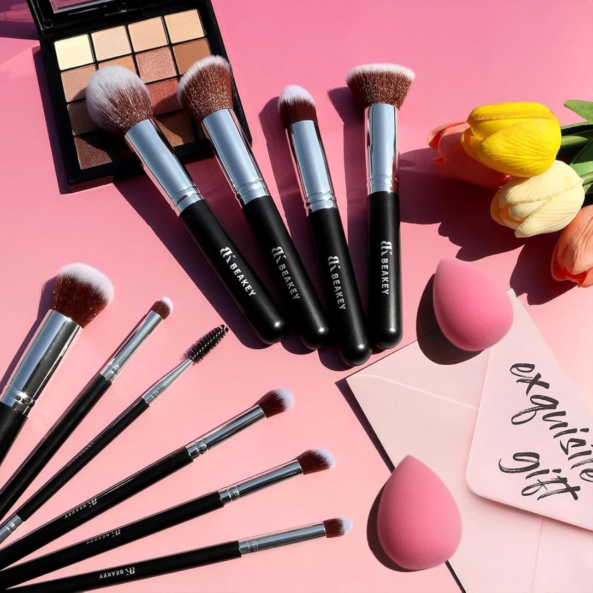 BEAKEY Makeup Brush Set Professional for Eye and Face, Foundation Blending, Eyeshadow, Concealer, Eye Shadow with 2 Blender Sponge, Paper Case 🍁 All In One Marketplace Canada