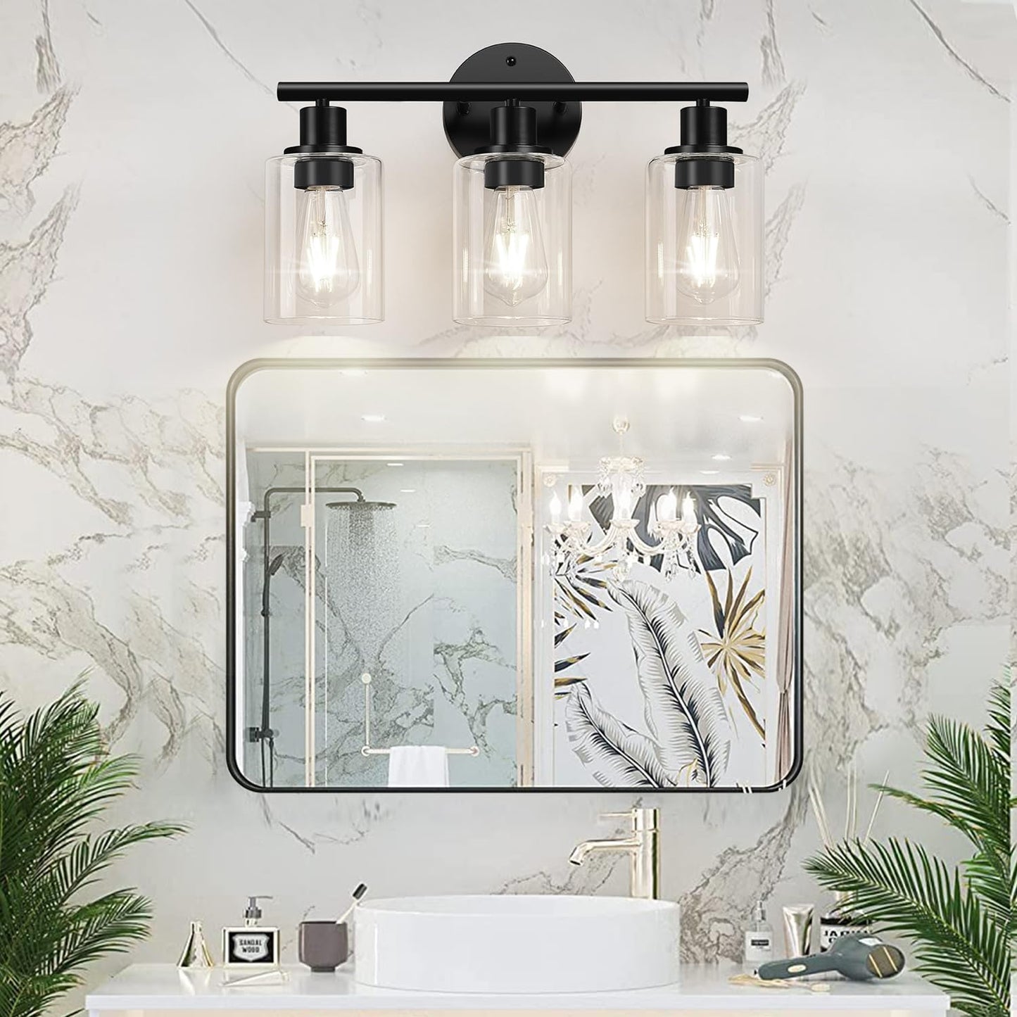 3-Light Bathroom Light Fixtures, Black Bathroom Wall Lights, Modern Bathroom Vanity Light with Clear Glass Shade, Bathroom Wall Lamp for Mirror Kitchen Bedroom Living Room 🍁 All In One Marketplace Canada