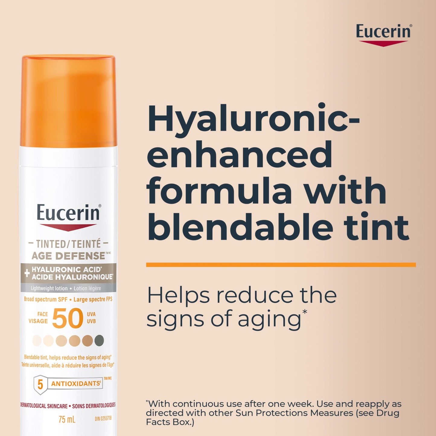 Eucerin Tinted Age Defense SPF 50 Face Sunscreen, Daily Face Sunscreen SPF 50 With Hyaluronic Acid and Antioxidants, Body SPF 50 Lotion with UVA-UVB Sun Protection, Fragrance Free & Non Greasy, 50 ml 🍁 All In One Marketplace Canada