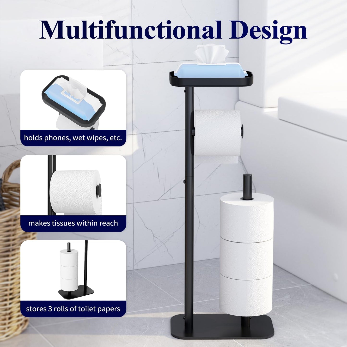 Kitsure Toilet Paper Roll Holder Free Standing – Rustproof Metal Toilet Paper Stand for 4 Rolls with Anti-Slip Base and Shelf for Phone & Small Items, Black, 63.0 x 23.5 x 15.0 cm 🍁 All In One Marketplace Canada