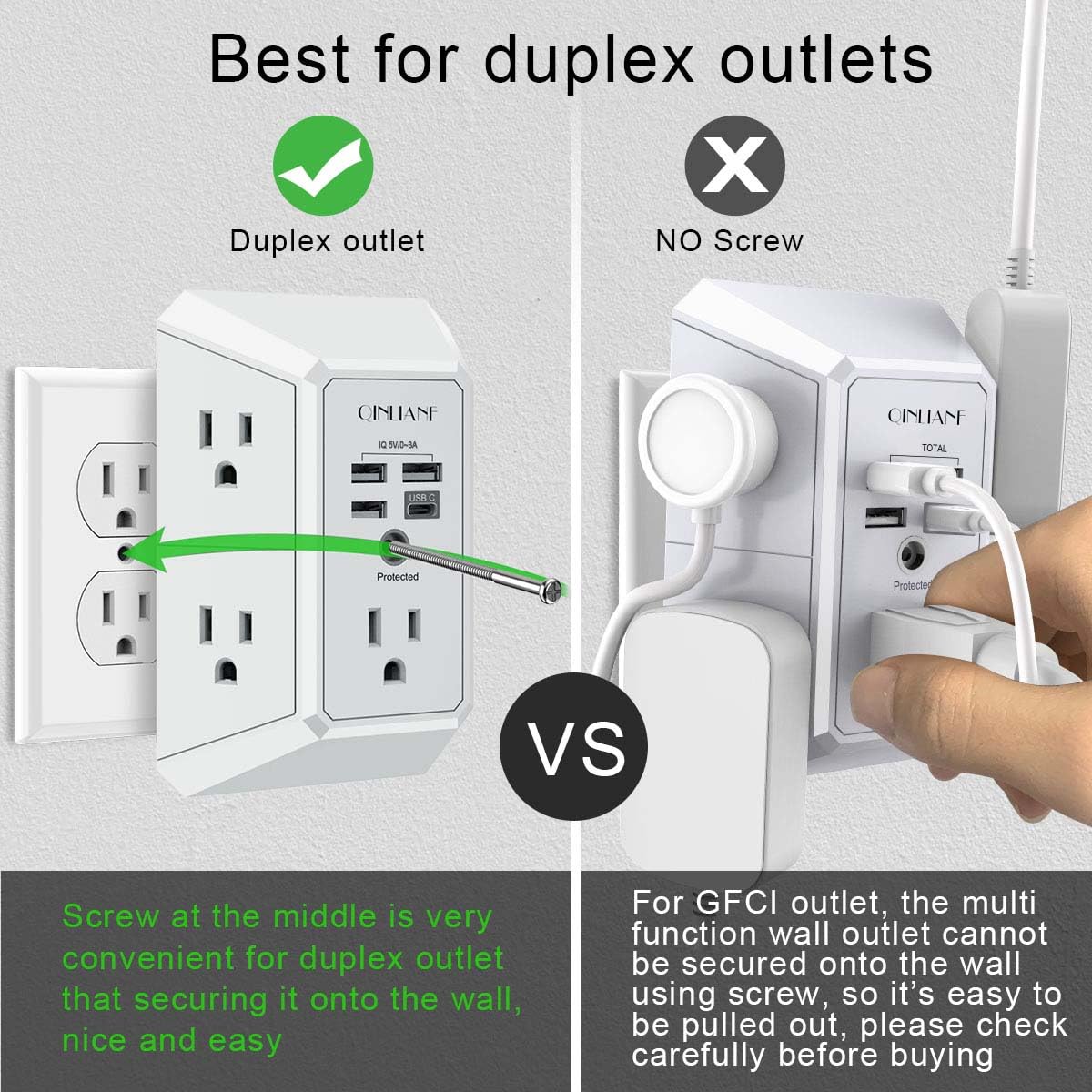 Wall Charger, Surge Protector, QINLIANF 5 Outlet Extender with 4 USB Charging Ports (4.8A Total) 3-Sided 1680J Power Strip Multi Plug Adapter Spaced for Home Travel Office (3U1C) 🍁 All In One Marketplace Canada