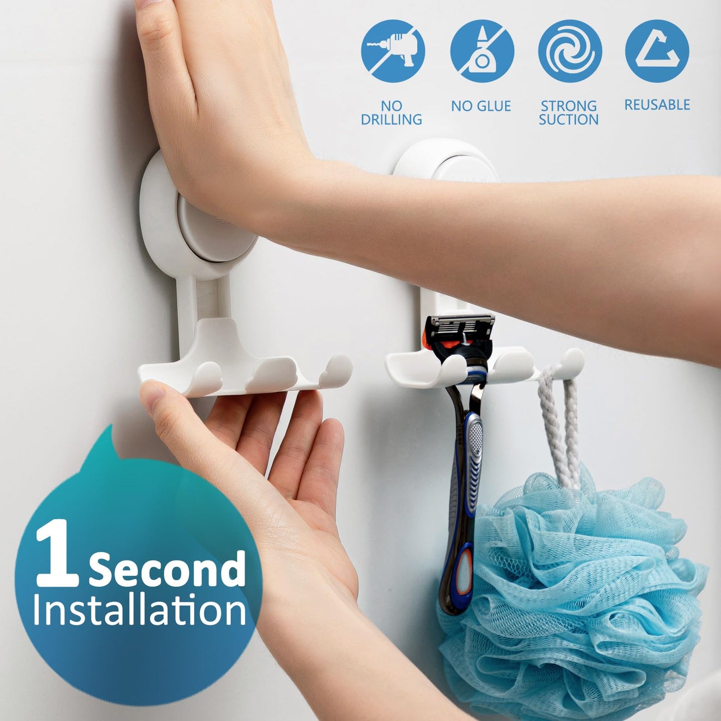 TAILI Shower Razor Holder Suction Cup, Vacuum Hanger Door Hooks for Shower Wall Towel Loofah Sponge Bathroom, Removable Waterproof, White, 2 Pack 🍁 All In One Marketplace Canada