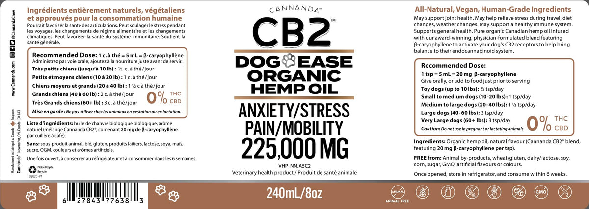 CB2 Hemp Oil for Dogs [225,000mg / 240mL / Organic] - Natural Hip and Joint Supplement for Dogs - Calming Anxiety Relief - Extra Strength for Pain, Inflammation, Arthritis, Stress, Aggression 🍁 All In One Marketplace Canada