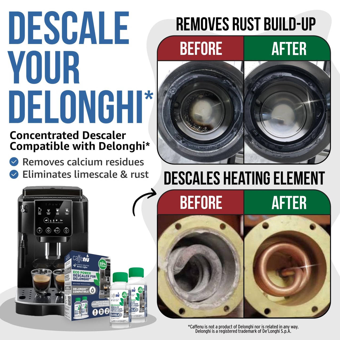 Delonghi Compatible Descaling Solution. 2 Bottles of Descaler Solution. Descaling Kit Removes Limescale For Hotter Coffee. 4 Uses Descaler For Delonghi Coffee Machines. 🍁 All In One Marketplace Canada
