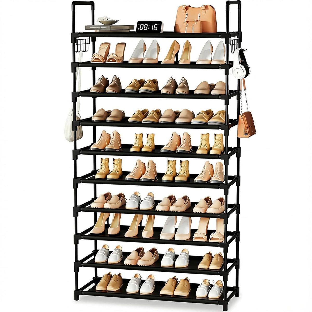 10 Tier Shoe Rack, Large Capacity Tall Shoe Storage Organizer Holds 50-55 Pairs Shoes and Boots, Vertical Shoe Shelf Cabinet with Versatile Hooks for Closet Entryway Garage Bedroom 🍁 All In One Marketplace Canada
