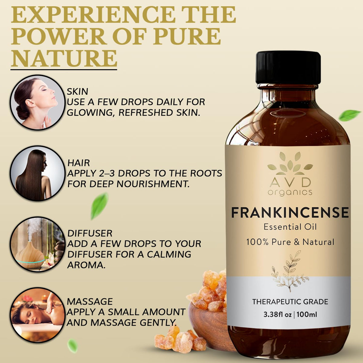 AVD Organics Frankincense Essential Oil 100ml | 100% Pure & Natural Frankincense Oil for Face, Hair | Woody & Earthy Aroma for Diffusers, Soaps & Candles | 3.38 fl. oz 🍁 All In One Marketplace Canada