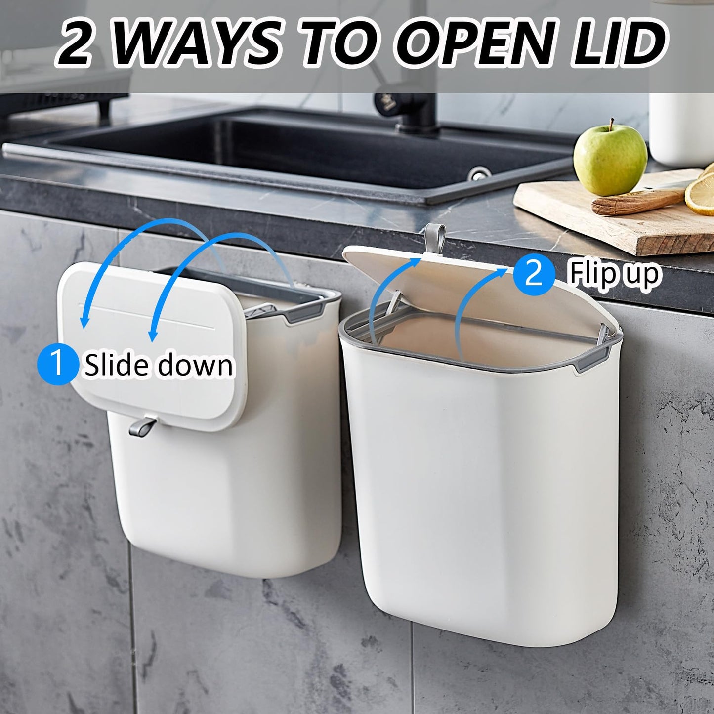ELPHECO Compost Bin, 2.5 Gallon Hanging Trash Can with Lid, Kitchen Cabinet Door Under Sink Plastic Garbage Can Wall Mounted Slide Open, White 🍁 All In One Marketplace Canada