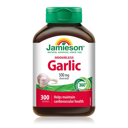 Jamieson Odourless Garlic 500 mg, Supports Heart Health, and Provides Immune Support. Non-GMO, Gluten-Free, 300 Softgels, Proudly Canadian 🍁 All In One Marketplace Canada