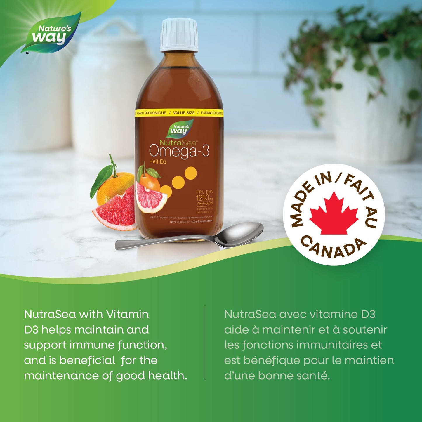 Nature's Way NutraSea Omega 3 + Vitamin D Fish Oil Liquid Supplement – Grapefruit Tangerine Flavour – Heart, Brain, Bone & Immune Support – EPA & DHA + 1000IU D3, 500 mL 🍁 All In One Marketplace Canada