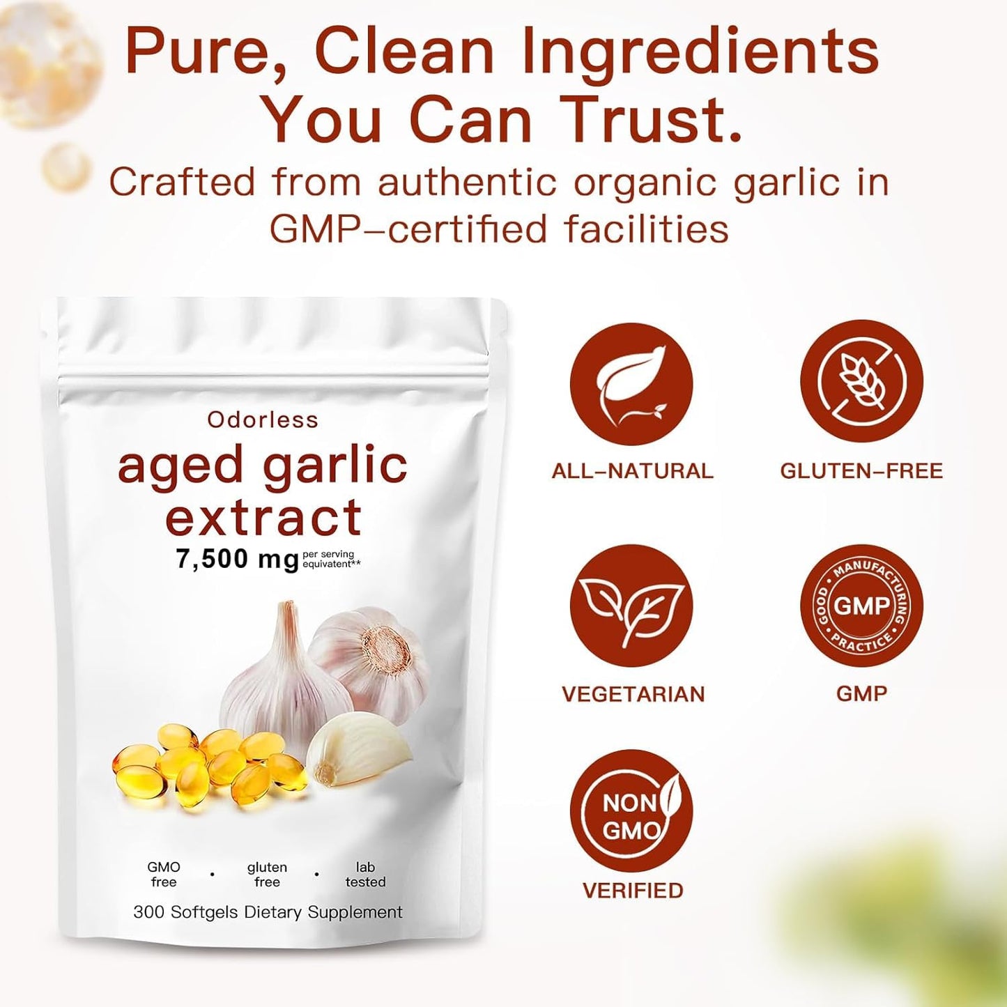 Aged Garlic Extract Capsules 7500mg Odorless – 300 Count Aged Garlic Supplement for Immune Support，Organic, Non-GMO, Vegetarian Softgels(1 PCS) 🍁 All In One Marketplace Canada