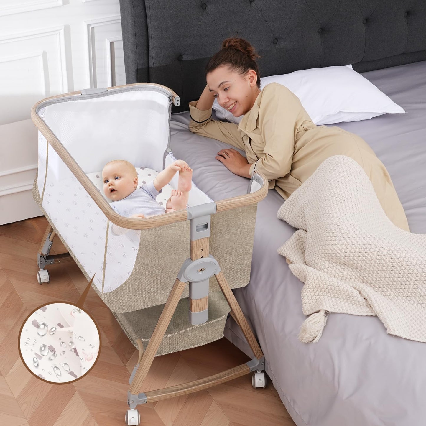Baby Bassinet, Basinet Bedside Sleeper with Waterproof Bassinet Sheets and Soft Mattress, Safe Adjustable Height Bedside Bassinets with Wheels, Girl/Boy Bassinets, Jestonten (Khaki) 🍁 All In One Marketplace Canada