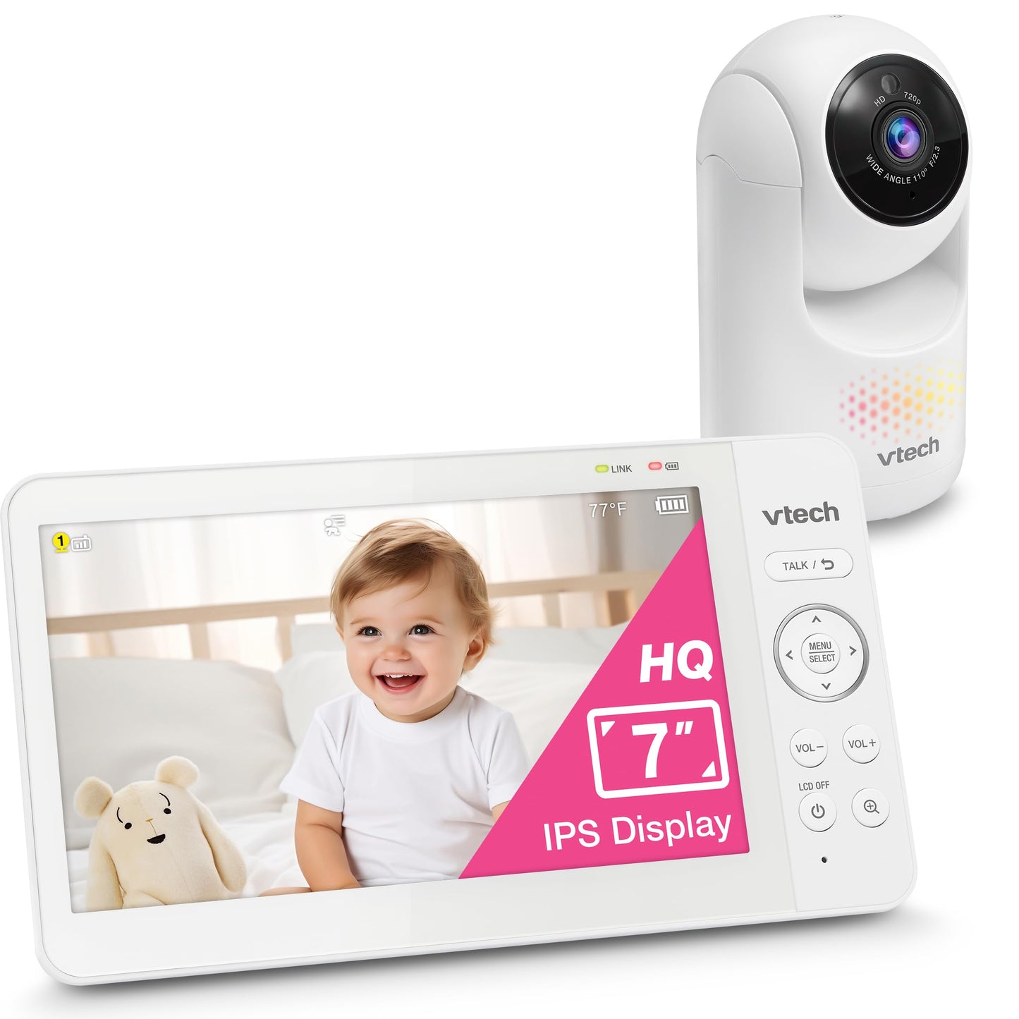 VTech Advanced HQ Max 7" Digital Video Baby Monitor with Pan-Tilt-Zoom, Night Light, Long Range, 2-WayTalk, Display, and Lullabies, No WiFi, White 🍁 All In One Marketplace Canada