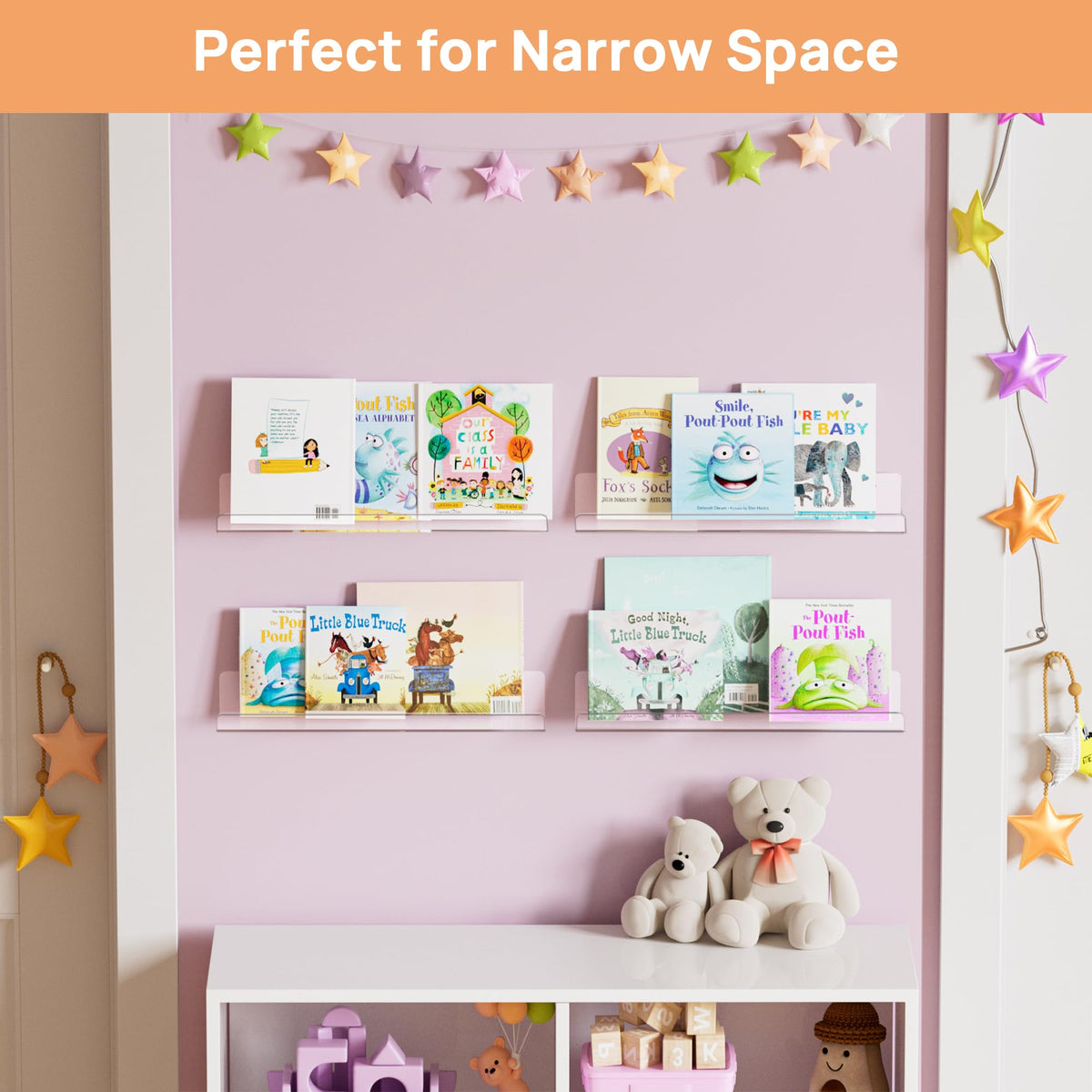 upsimples Clear Acrylic Shelves for Storage, 15" Floating Shelves Wall Mounted for Kids Bookshelf/Display Ledge for Bedroom, Living Room, Bathroom, Kitchen, Set of 4 🍁 All In One Marketplace Canada