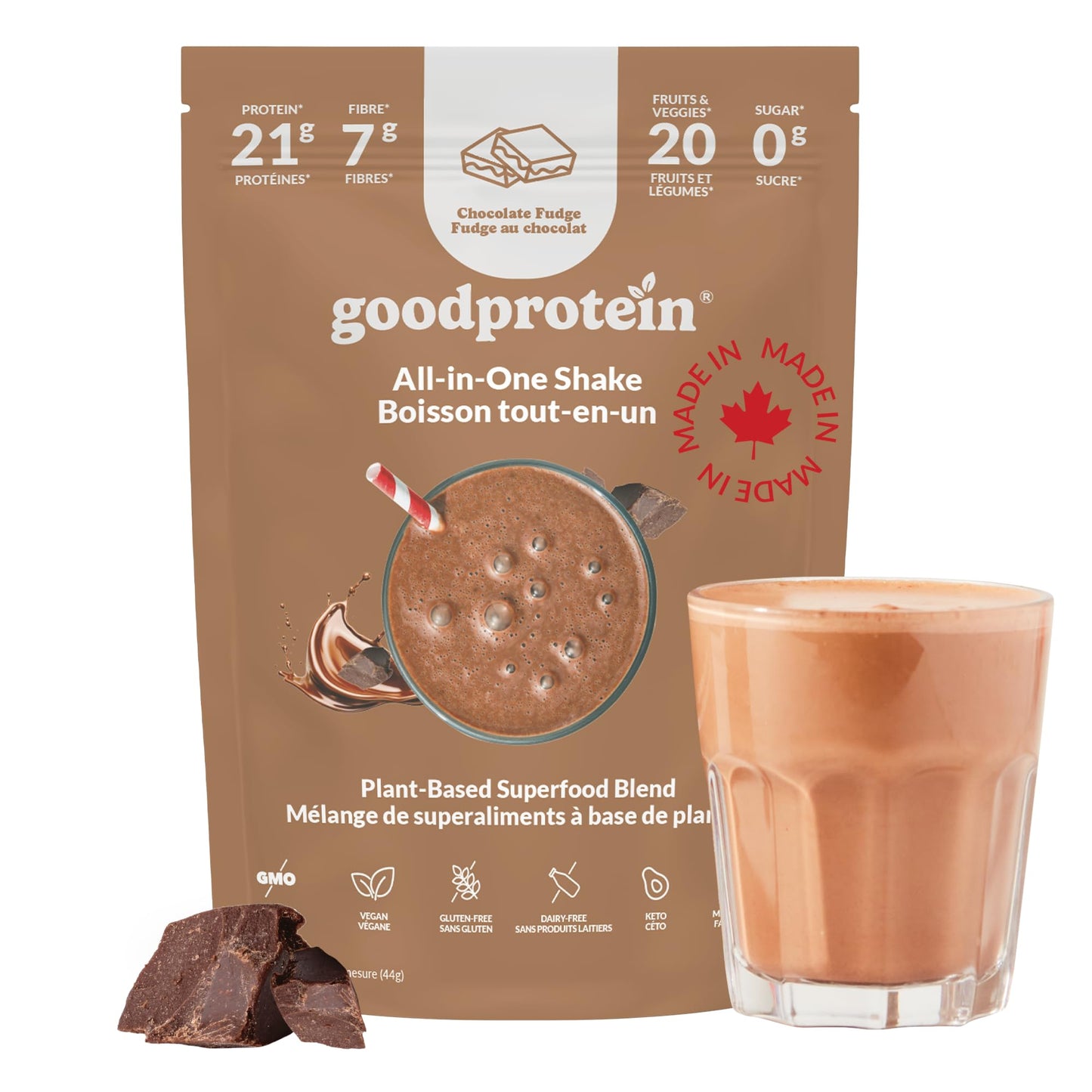 Good Protein Vegan Plant-based Protein Powder 100% Natural, Non-GMO, Dairy-free, Gluten-free, Soy-free, No Added Sugar and Nothing Artificial. Chocolate Fudge All-in-One Shake 880 grams 🍁 All In One Marketplace Canada