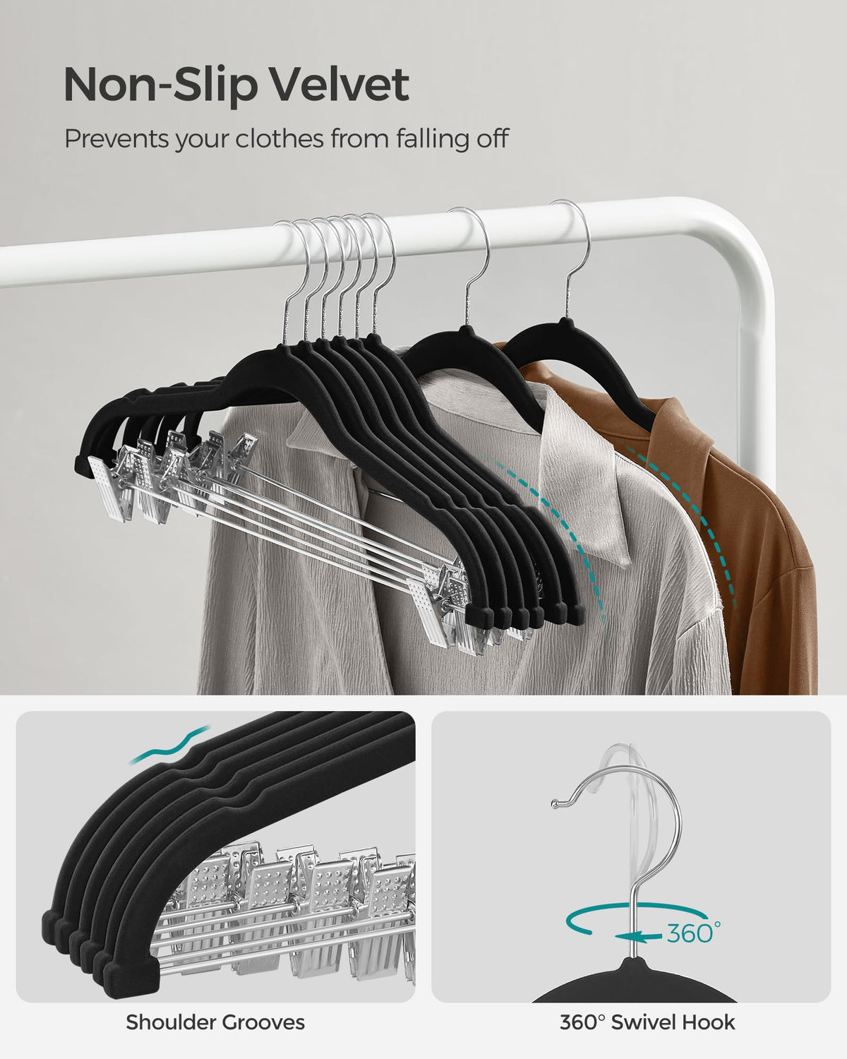 SONGMICS 30-Pack Pants Hangers, 42.5 cm Long Velvet Trousers Hangers with Adjustable Clips, Heavy-Duty, Non-Slip, Space-Saving for Pants, Skirts, Coats, Dresses, Tank Tops, Black UCRF12B30 🍁 All In One Marketplace Canada