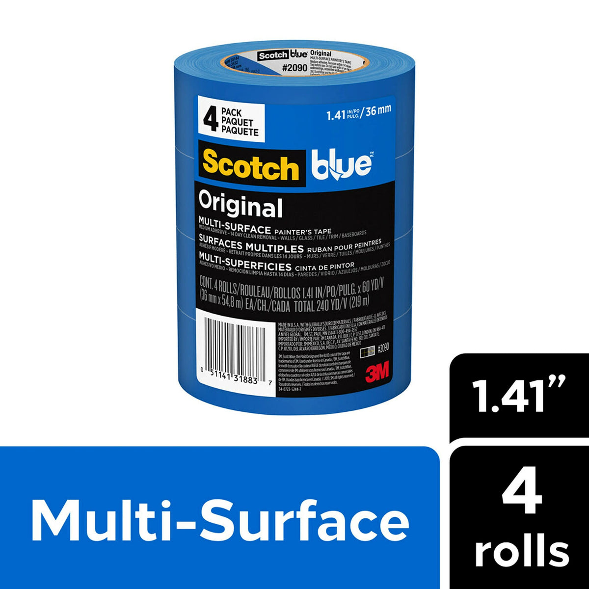 Scotch Painter’s Tape ScotchBlue Original Painter's Tape, Multi-Surface, 36 mm (4 Rolls) - 2090-1.41 Inch X 60 Yards, Blue (2090-36EP4) 🍁 All In One Marketplace Canada