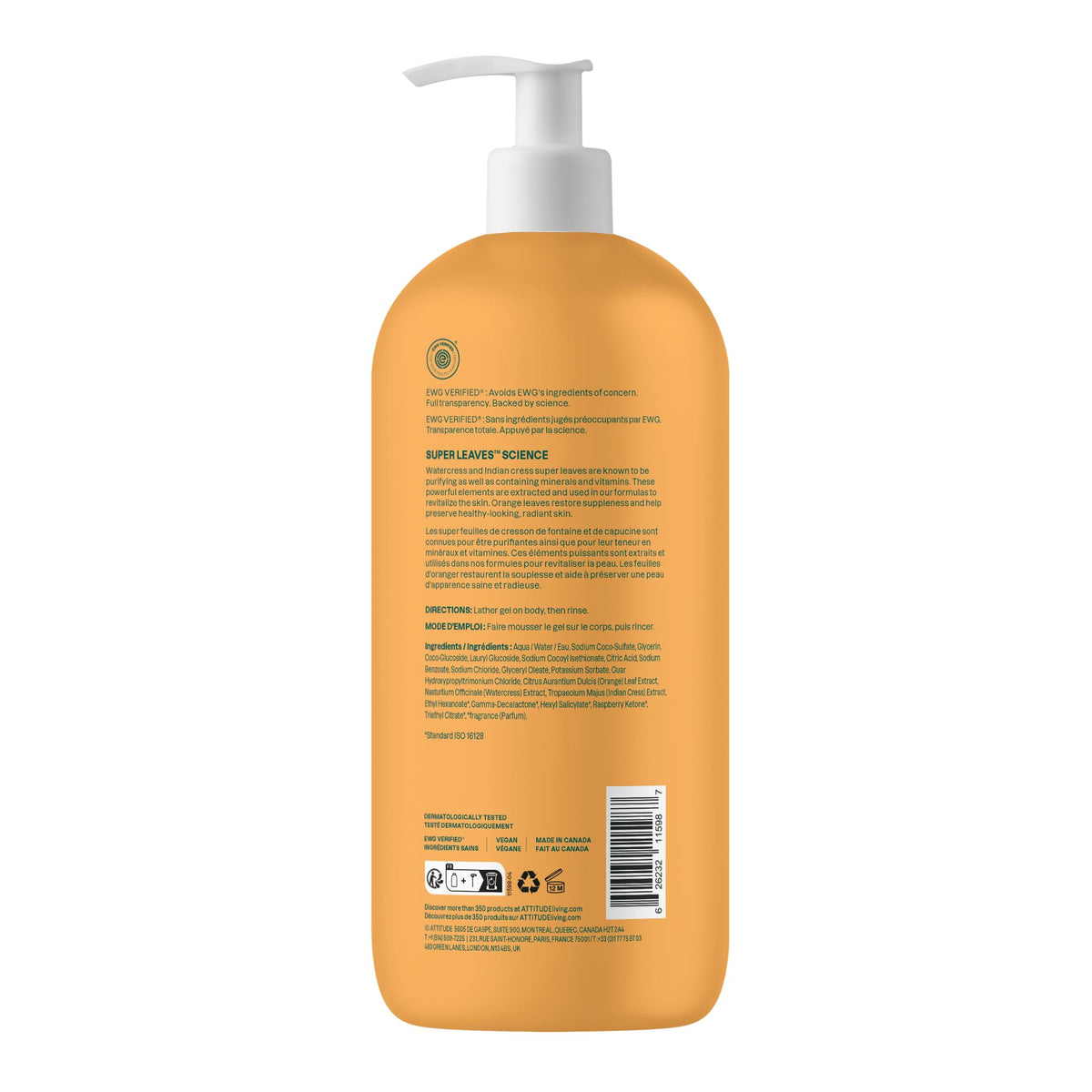 ATTITUDE Body Wash, Made in Canada, EWG Verified Shower Gel, Dermatologically Tested, Plant and Mineral-Based, Vegan Personal Care Products, Orange Blossom & Eucalyptus Scent, 946 mL 🍁 All In One Marketplace Canada