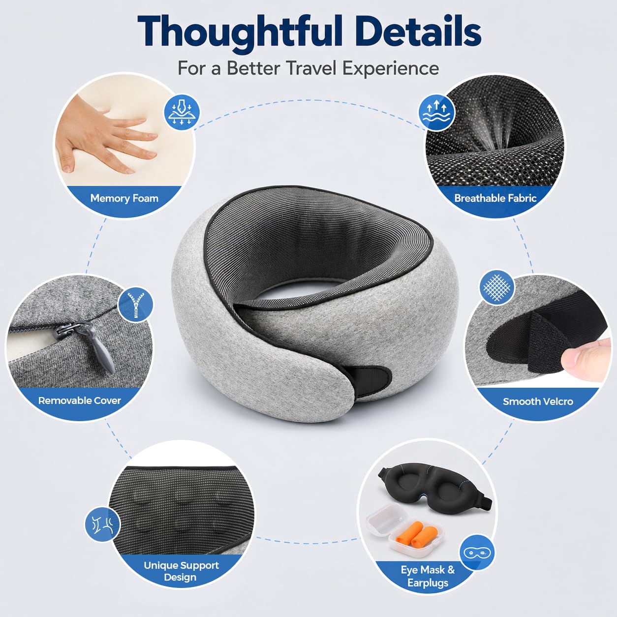Purroch Neck Pillow Airplane, Travel Pillow with Eye Mask & Earplugs, Memory Foam Pillow with Adjustable Velcro Strap, Pillows for Travel, Plane, Car, Home, Work, Light Grey 🍁 All In One Marketplace Canada