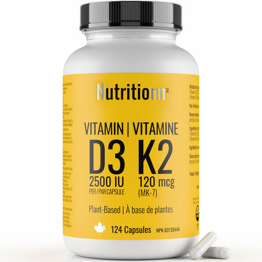 Vitamin D3 K2 Supplement - 2500 IU D3, 120 mcg K2 MK7 x 124 Capsules - Plant-Based, Vegan - Prevents Deficiency, Supports Bone Health in Women and Men - Made in Canada, Third-Party Tested - Nutritionn 🍁 All In One Marketplace Canada