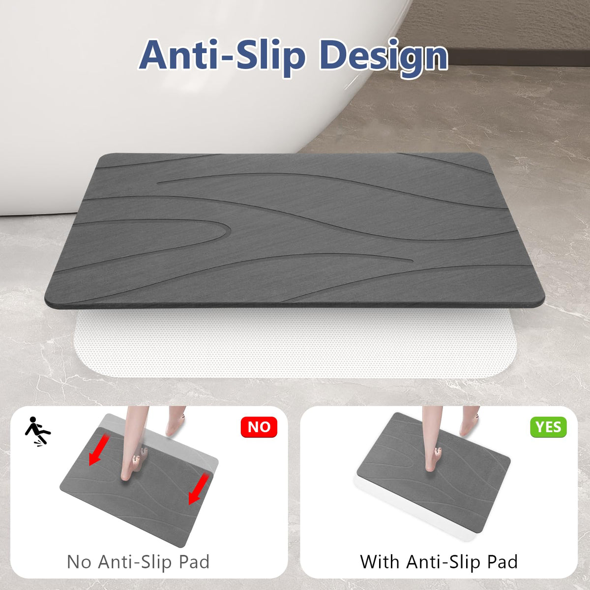 Ceecysaa 80x50cm Stone Bath Mat, Diatomaceous Earth Quick Dry Non Slip, Dark Gray 🍁 All In One Marketplace Canada