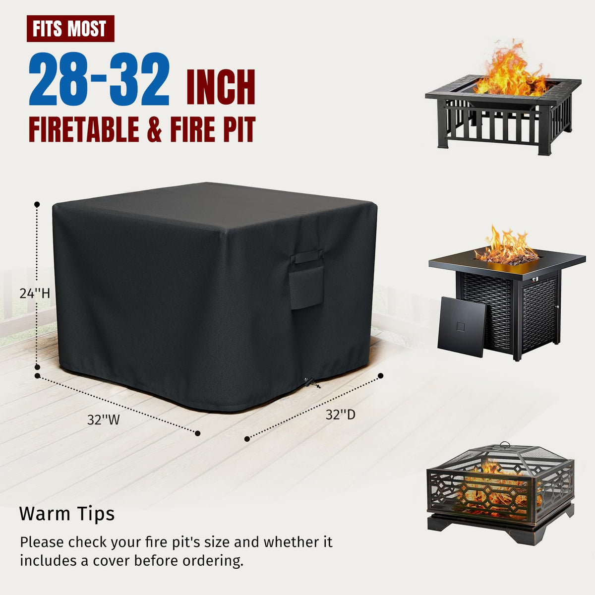 SHINESTAR Fire Pit Cover Square 32" x 32" x 24" - 600D Heavy Duty Waterproof & Windproof Outdoor Firepit Table Cover with Double Drawstrings for 28-32 Inch Square Fire Pits - Black 🍁 All In One Marketplace Canada