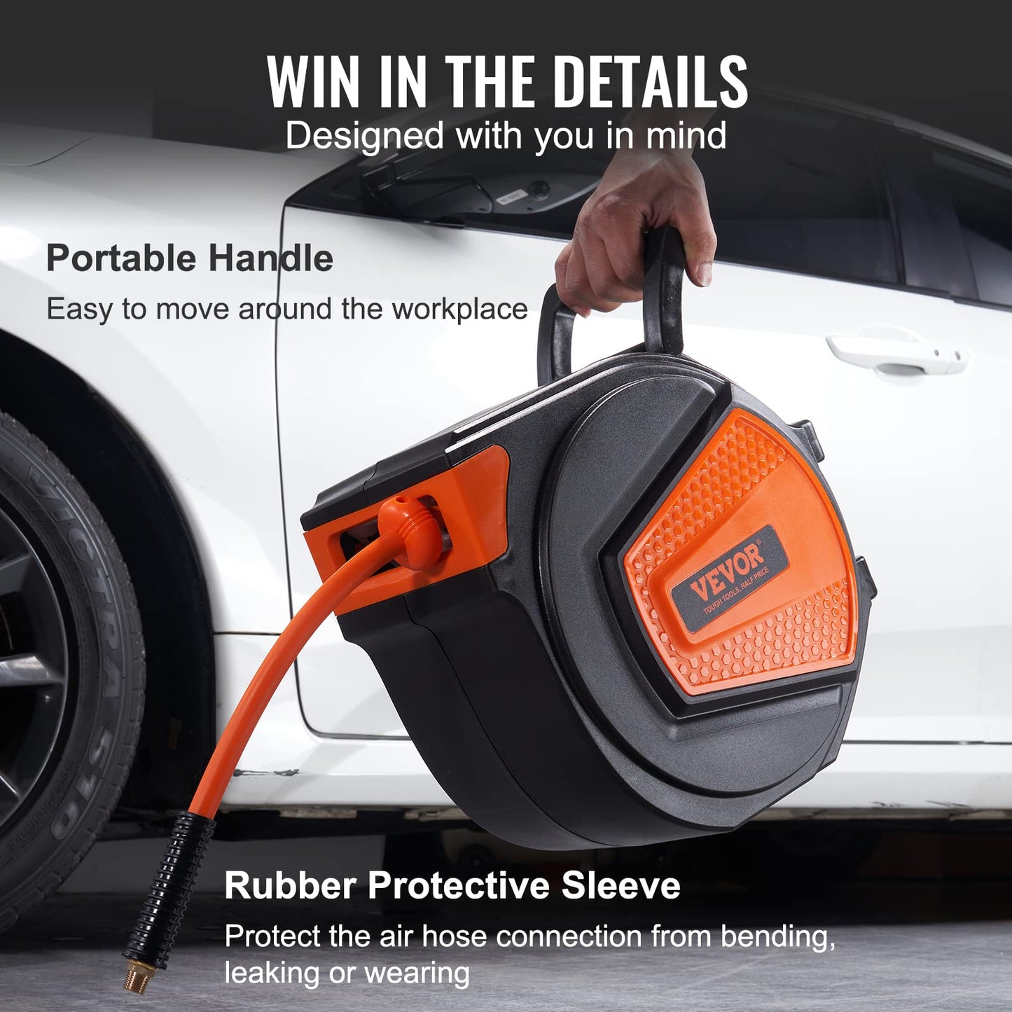 VEVOR Retractable Air Hose Reel, 3/8 in x 50 FT Hybrid Air Hose Max 300PSI, Air Compressor Hose Reel with 5 ft Lead in, Ceiling/Wall Mount Enclosed Air Reel, 180° Swivel Mount 🍁 All In One Marketplace Canada