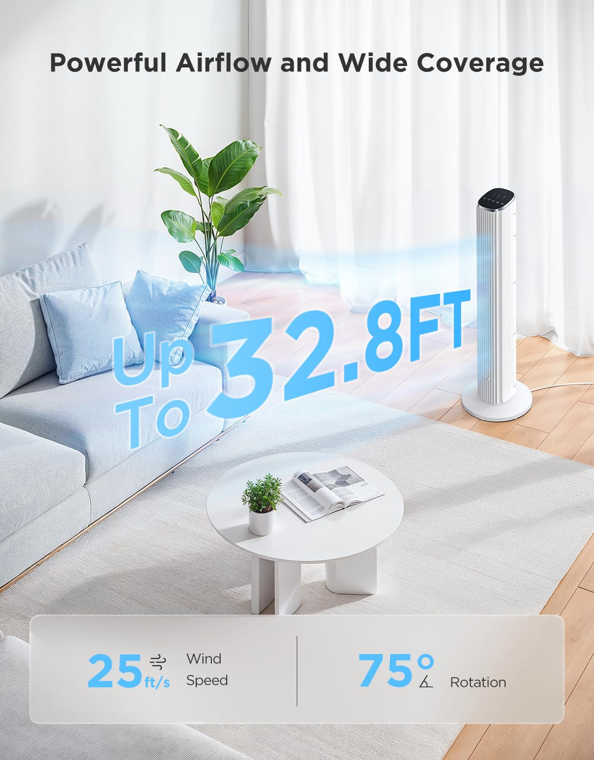 GoveeLife White Tower Fan for Bedroom, 36" Smart Floor Fan with App/Voice Control, Temperature Sensor, 5 Modes 8 Speeds(25ft/s), 29dB Quiet Oscillating Fan for Office, 24H Timer, Auto Cooling 🍁 All In One Marketplace Canada