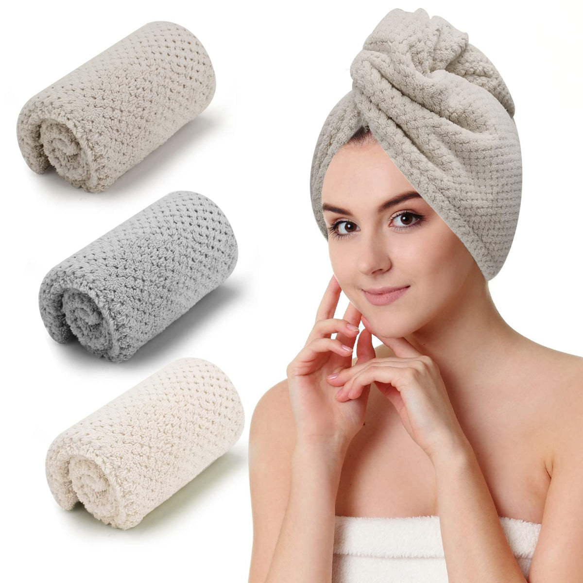 CZZXI 3 PCS Microfiber Hair Towel, Hair Wraps for Women Wet Hair, Fast Drying Hair Turban, Anti Frizz Head Towels Wrap for Curly Hair (Beige, Khaki, Grey) 🍁 All In One Marketplace Canada