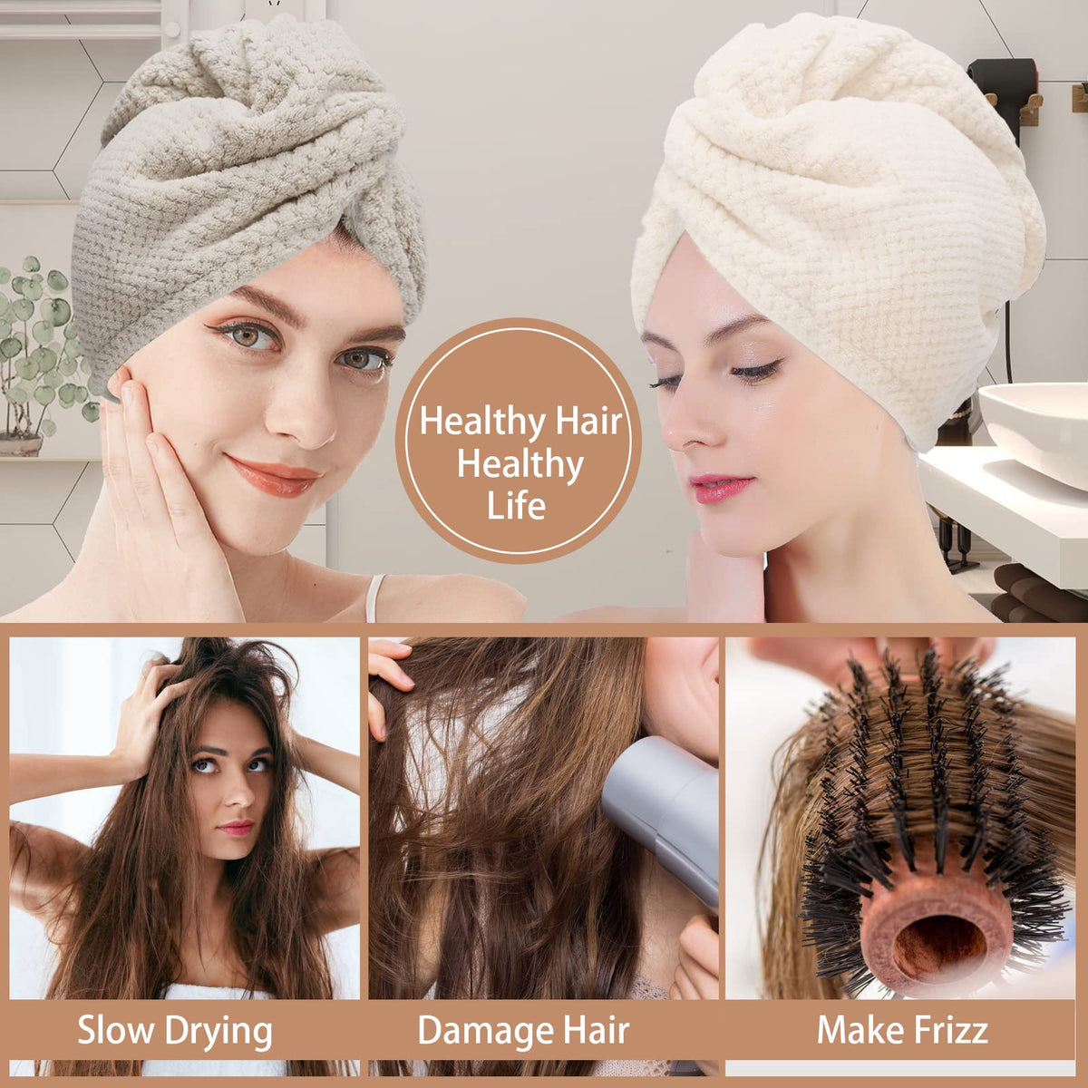 CZZXI 3 PCS Microfiber Hair Towel, Hair Wraps for Women Wet Hair, Fast Drying Hair Turban, Anti Frizz Head Towels Wrap for Curly Hair (Beige, Khaki, Grey) 🍁 All In One Marketplace Canada