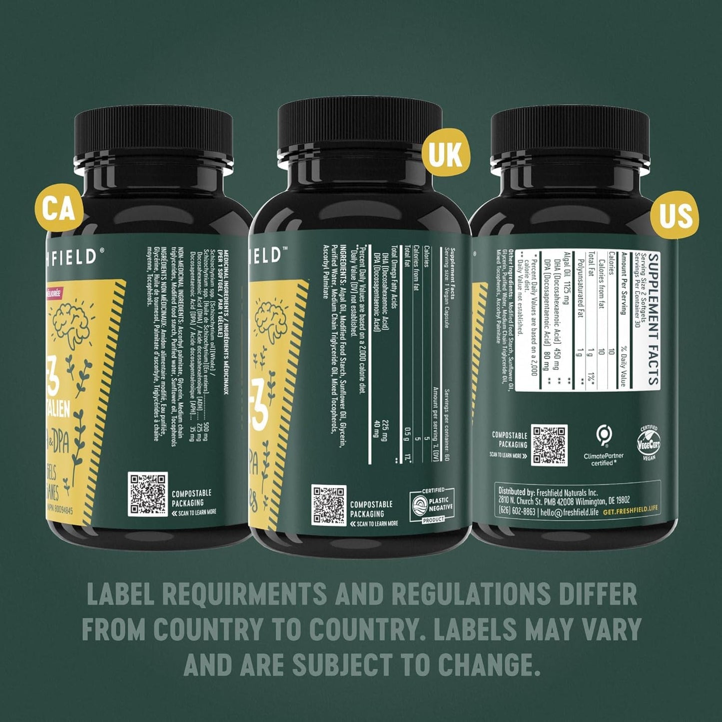 Freshfield Vegan Omega 3, Algae (Algal) Oil, Fish Oil Free Company, Third Party Tested, Carrageenan Free, DHA Supplement w/DPA, Plant Based Omega. Supports Heart, Brain, Joint Health 🍁 All In One Marketplace Canada