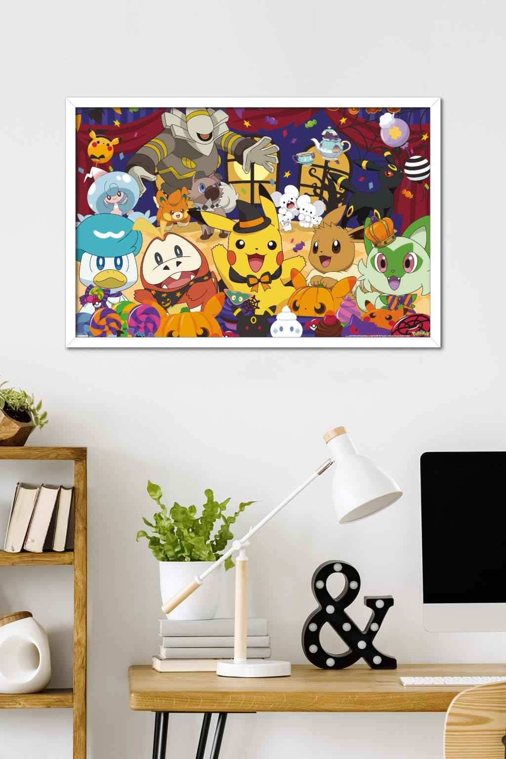 Pokémon: Halloween Party- Group Wall Poster, 34L" x 22.4W", White Framed Version