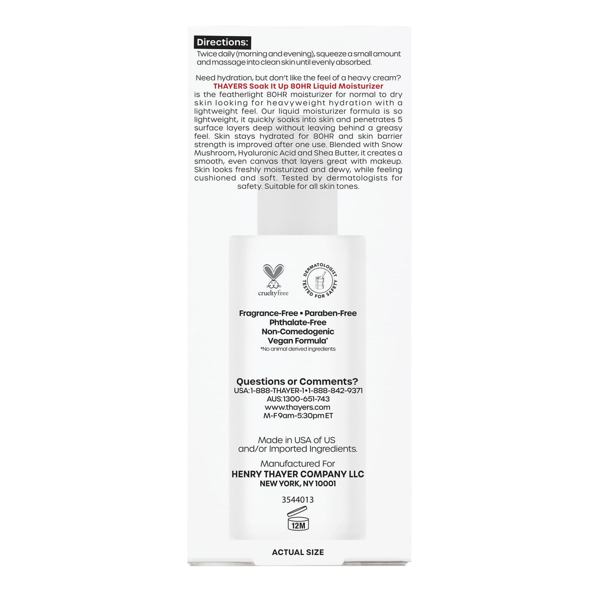 THAYERS Soak It Up 80HR Liquid Moisturizer, with HYALURONIC ACID and Snow Mushroom, Dermatologist Tested Skin Care for Normal to Dry Skin, Lightweight Formula, 75 ml 🍁 All In One Marketplace Canada