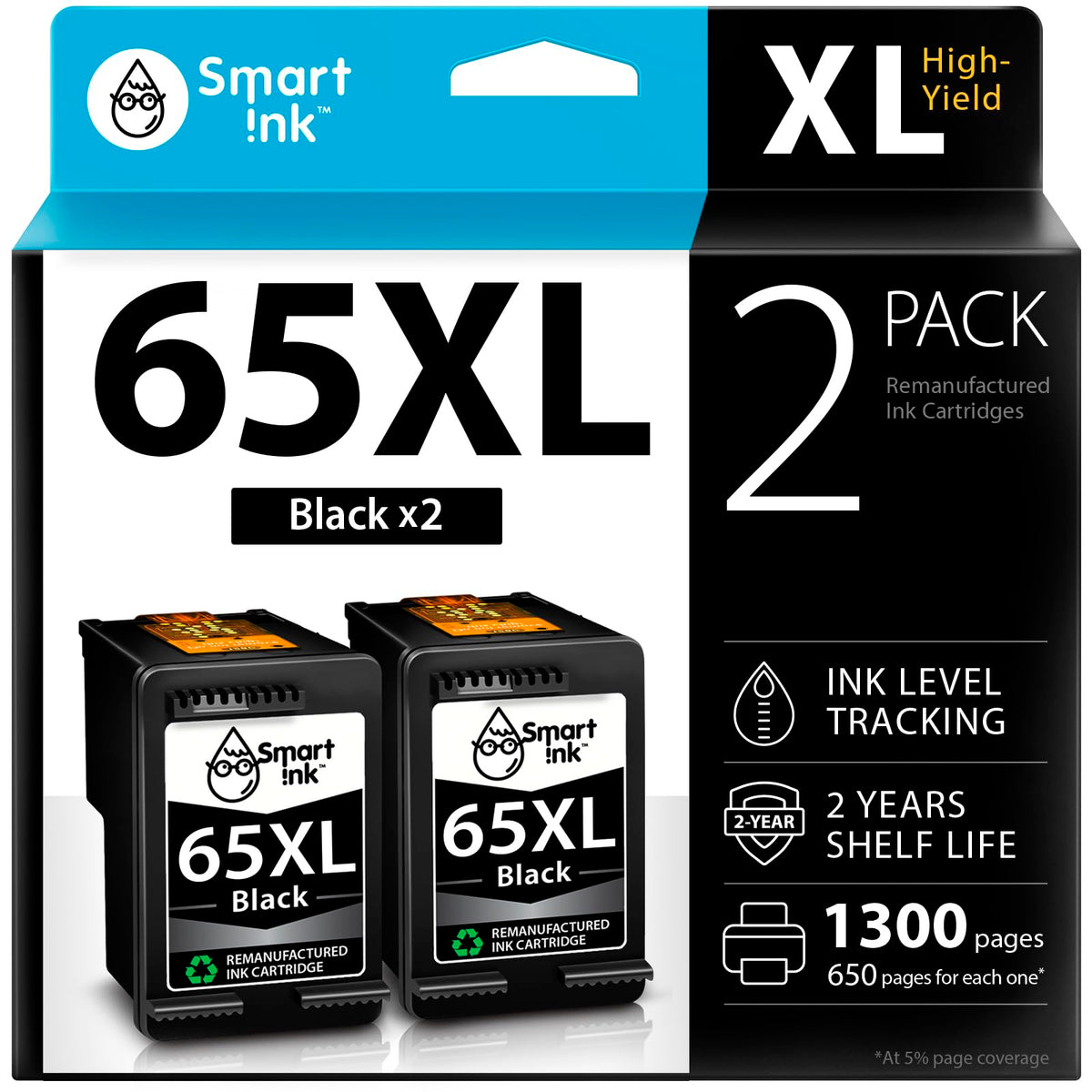 Smart Ink Remanufactured Ink Cartridges Replacement for HP 65 XL HP 65XL (2 Black Combo Pack) to use with DeskJet 3755 2600 2625 2652 2655 3700 3720 3752 3772 Envy 5000 5010 5052 5055 Printer Series 🍁 All In One Marketplace Canada