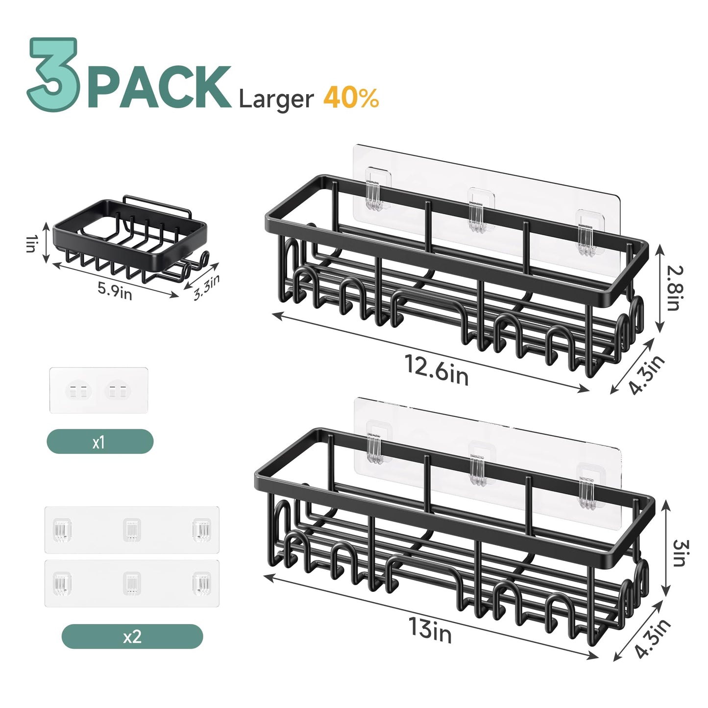 Veken Large Capacity Shower Caddy 3-Pack, No Drilling Adhesive Rack with Soap Holder, Rustproof & Waterproof Shelves, Bathroom Organizers and Storage, Wall-Mounted Kitchen & Home Decor, Black 🍁 All In One Marketplace Canada