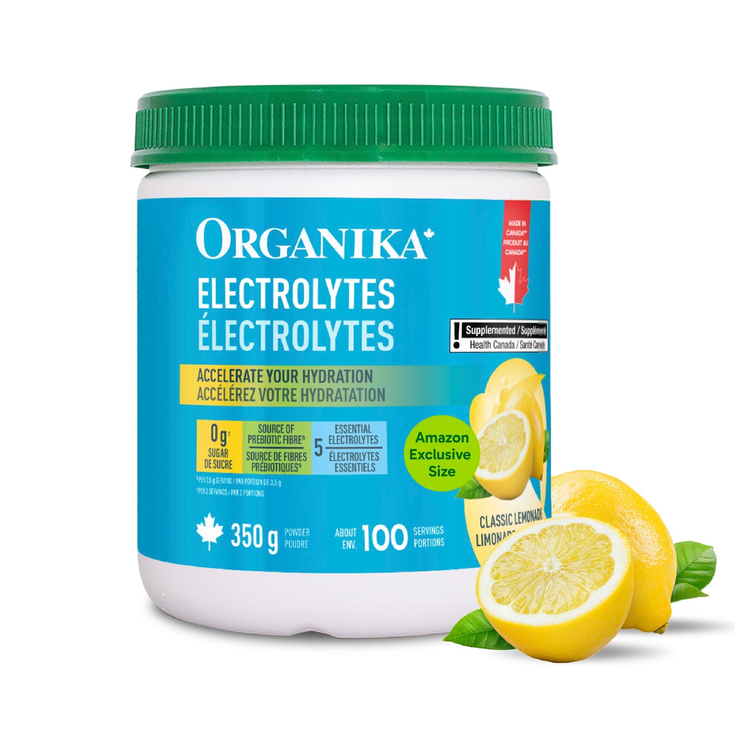 Organika Canadian-Made Electrolytes Powder with Vitamin C & Prebiotic Fibre - Sugar-Free Hydration Drink Mix - Classic Lemonade - 350 g - 100 servings 🍁 All In One Marketplace Canada