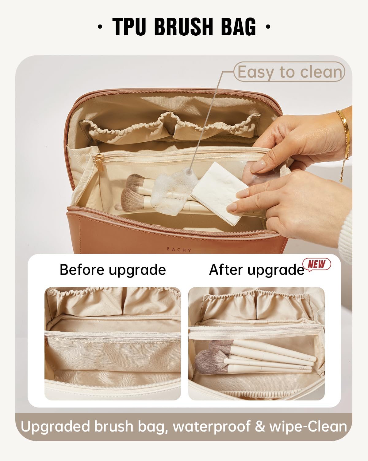 EACHY Travel Makeup Bag,Large Capacity Cosmetic Bags for Women,Waterproof Portable Pouch Open Flat Toiletry Bag Make up Organizer with Divider and Handle, Gifts for Women (Brown, Medium) 🍁 All In One Marketplace Canada