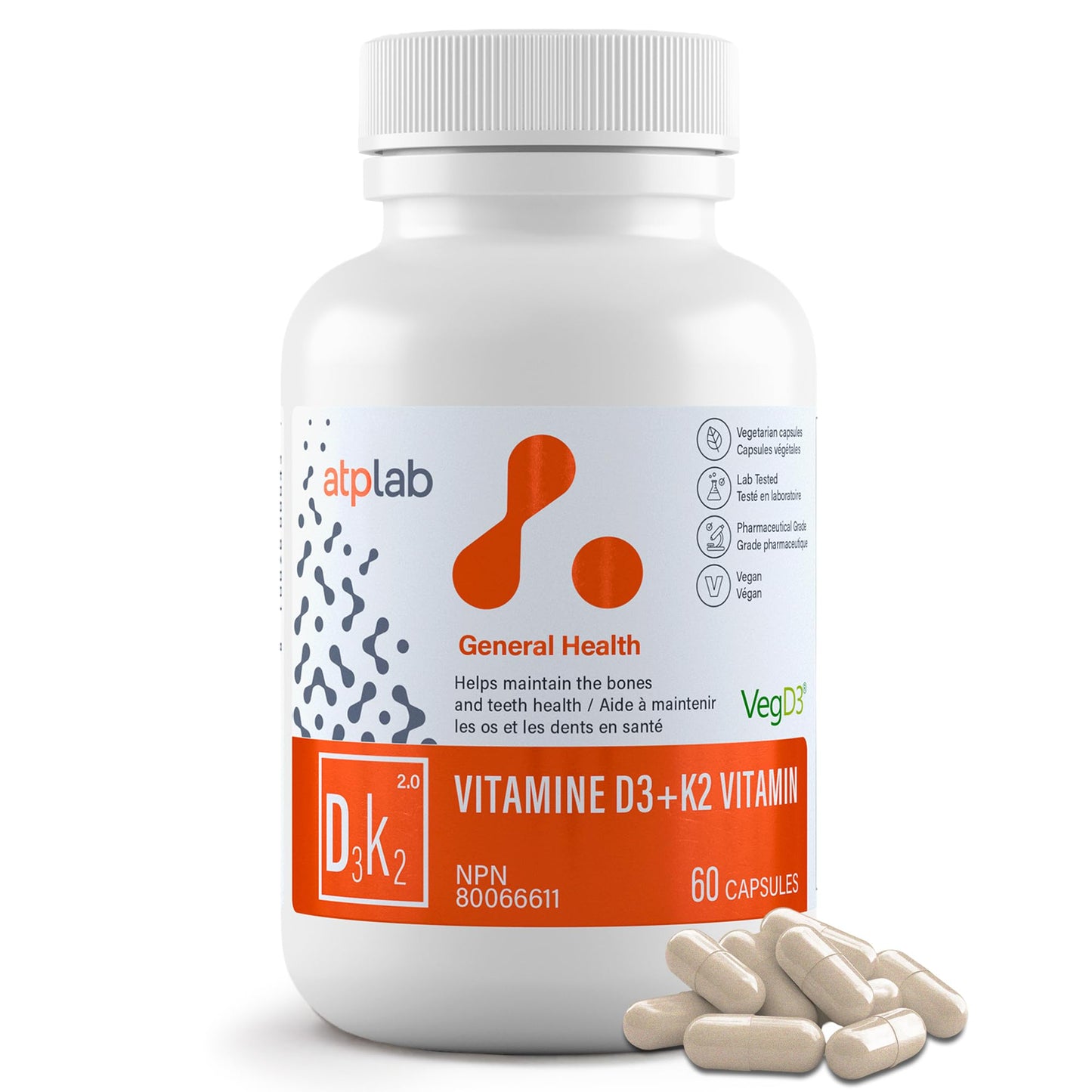ATP LAB Vitamin D3K2 Supplement - 60 Vegetarian Capsules - 60 Day Supply - Plant-Based K2 MK-7 60 mcg & D3 1000 IU - Supports Bone & Teeth Health 🍁 All In One Marketplace Canada