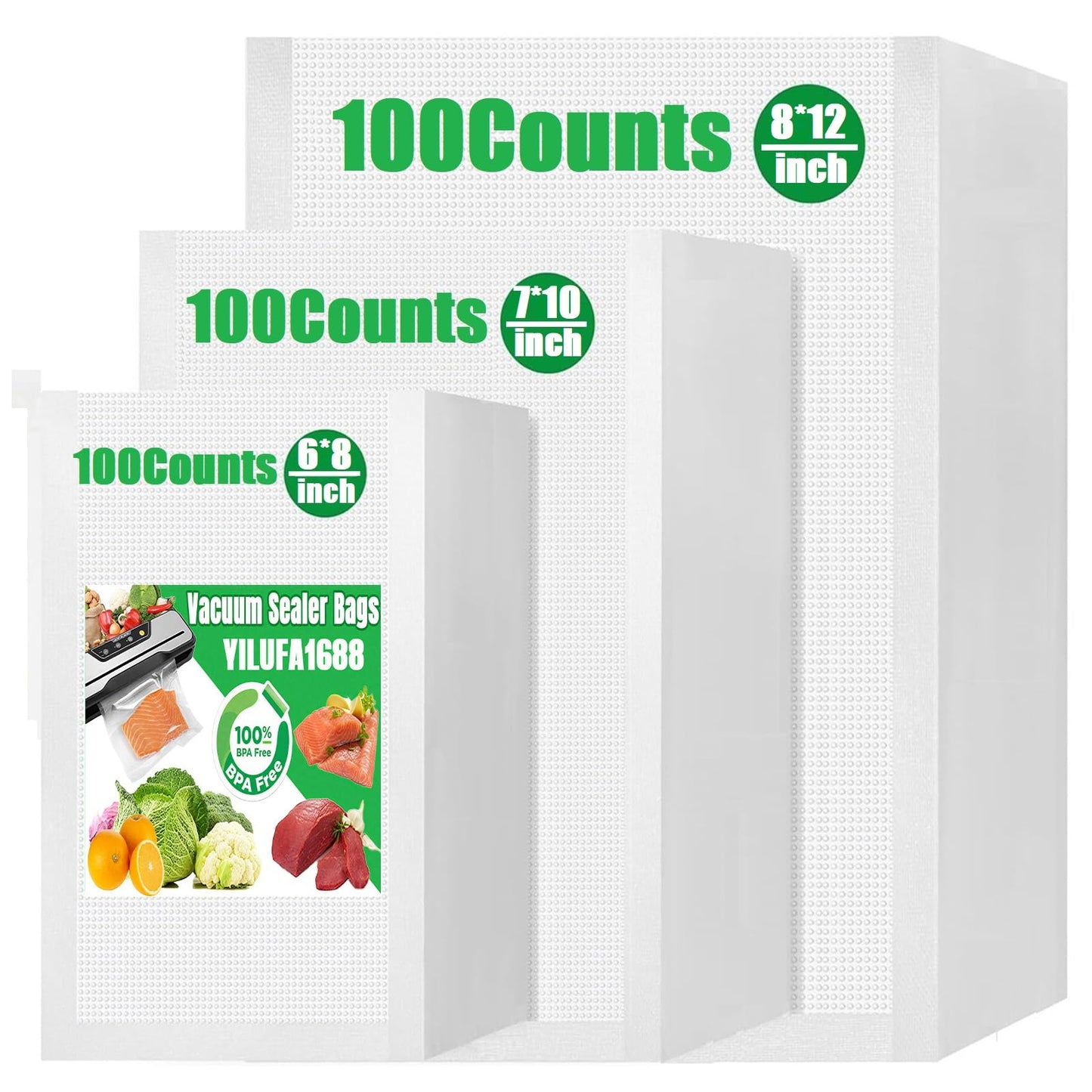 YILUFA1688 Vacuum Sealer Bags 300 Count, Pre-Cut Mixed Sizes (8"x12", 7"x10", 6"x8"), Commercial Grade Heavy Duty BPA-Free Bags, Freezer Safe, Sous Vide & Compatible with All Vacuum Sealers 🍁 All In One Marketplace Canada