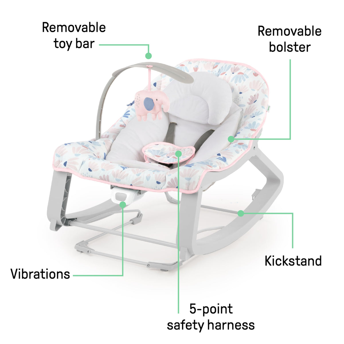 Ingenuity Keep Cozy 3-in-1 Grow with Me Vibrating Baby Bouncer Seat & Infant to Toddler Rocker, Vibrations & Toy Bar, 0-30 Months Up to 40 lbs (Pink Burst) 🍁 All In One Marketplace Canada