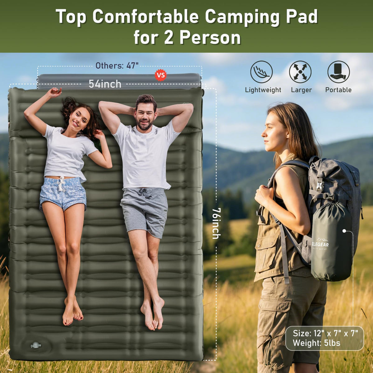 Double Camping Sleeping Pad 5.5", Elegear CumbreX™Self Inflating Air Sleeping Mats with Pillow Built-in Foot Pump, Inflatable Camping Mattress Compact for Tent,Cot Backpacking,Hiking,Camp,Travel,Green 🍁 All In One Marketplace Canada