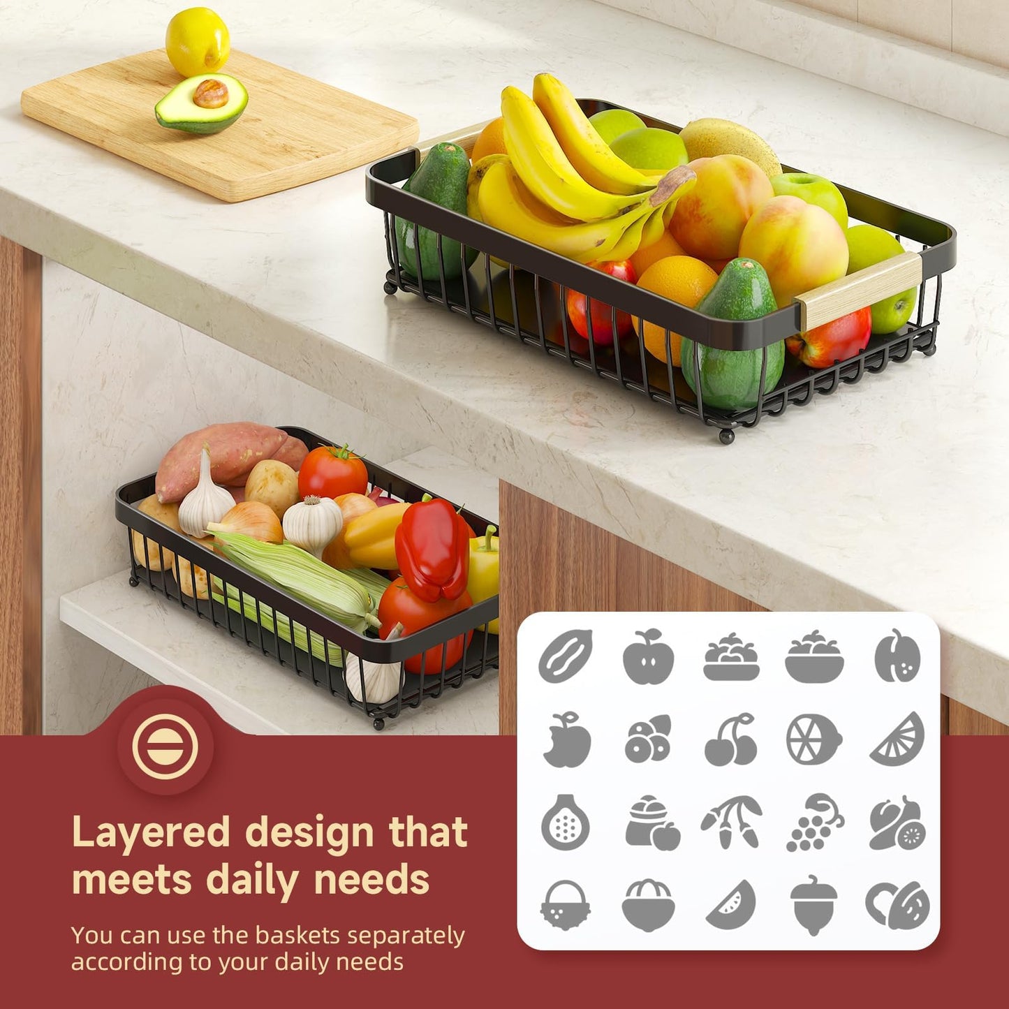 2 Tier Large Fruit Bowl for Kitchen Counter with 2 Banana Holders,2026 Sturdy Metal Fruit Basket with Protective Mats Keeping Fruits Fresh,Kitchen Organizers and Storage for Bread Potato Onion Storage 🍁 All In One Marketplace Canada