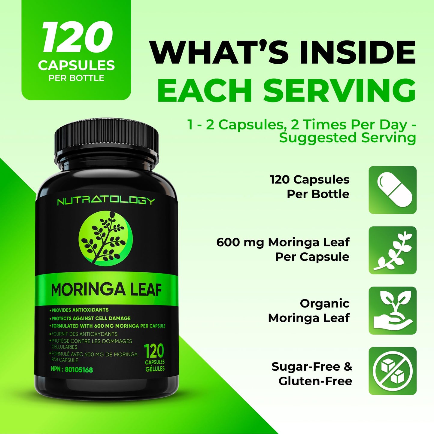 Nutratology® Organic Moringa Leaf Capsules | 1200MG Per Serving | Canadian-Made | Provides Powerful Antioxidants - Protects Against Cell Damage, Supports Liver Detox & Gut Health - 120 Caps 🍁 All In One Marketplace Canada