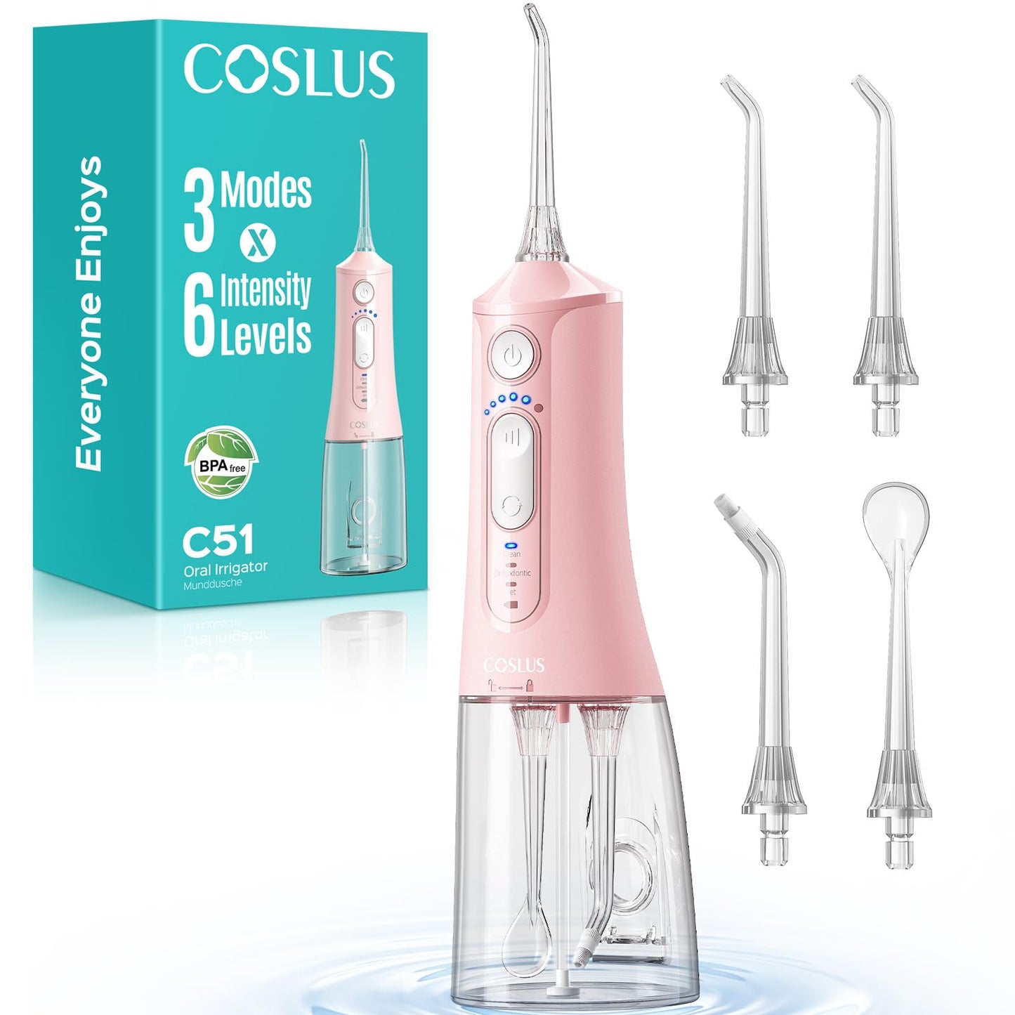 COSLUS C51 Portable Water Teeth Flosser: 3 Modes & 6 Pressure Settings for Whole Family Various Cleaning Need, Jet Mode for Beginner-Friendly, Compact for Travel, 300ml Tank, IPX7 Waterproof, Pink 🍁 All In One Marketplace Canada