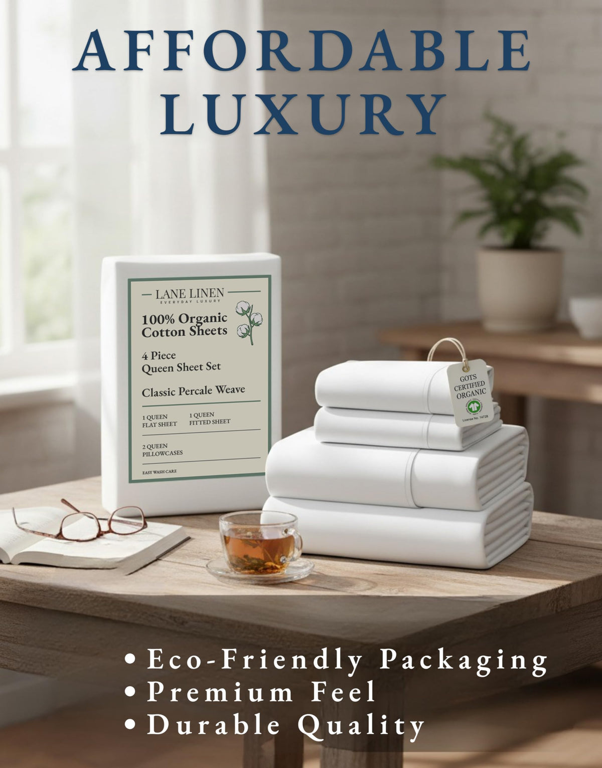 Lane Linen 100% Organic Cotton Queen Sheet Set, 4-Piece Percale Bed Sheets for Queen Bed - Soft, Breathable, Hypoallergenic, Deep Pocket Fits Mattress Up to 15" Deep, Hotel Quality Sheets - White 🍁 All In One Marketplace Canada