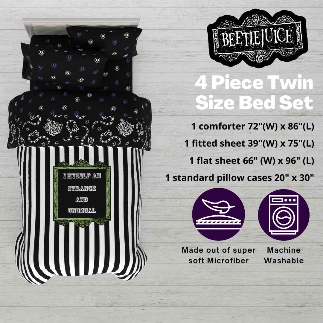 Franco Collectibles Beetlejuice Halloween Striped Bedding 4 Piece Super Soft Comforter and Sheet Set, Twin, (Officially Licensed Product)