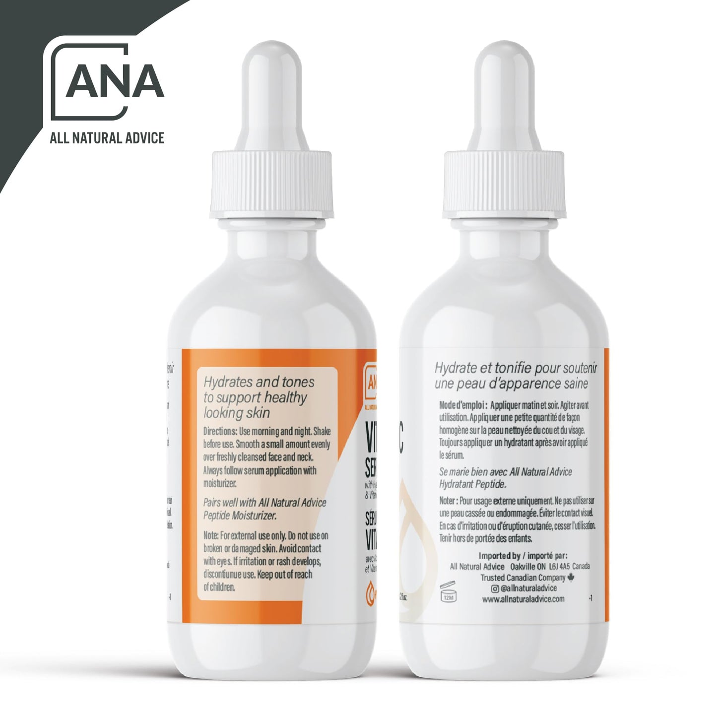 All Natural Advice Vitamin C Serum 60mL | 20% Vitamin C Face Serum Solution with Organic Botanicals, Hyaluronic Acid & Vitamin E | UV-Shielding Glass Bottle, Spray & Dropper | Canadian Skin Care 🍁 All In One Marketplace Canada