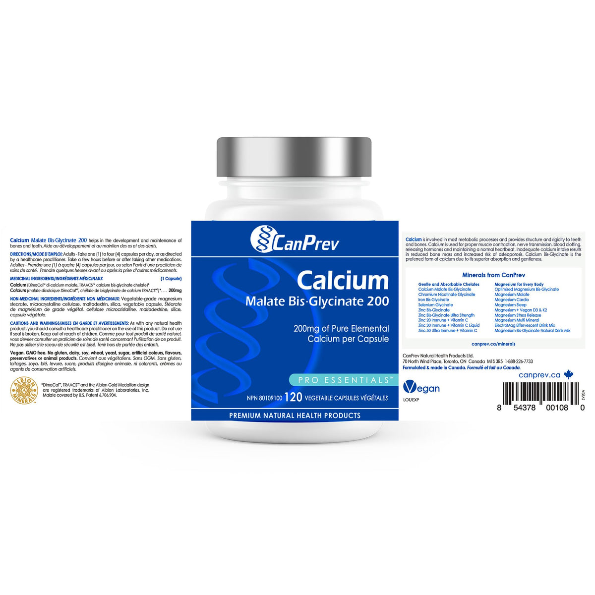 CanPrev Calcium Malate Bis-Glycinate Supplement, 120 Capsules 120-Day Supply - Therapeutic 200mg Elemental - Ideal for Healthy Bones, Teeth, Muscle Cramps and Promote Relaxation - Vegan and Non-GMO 🍁 All In One Marketplace Canada