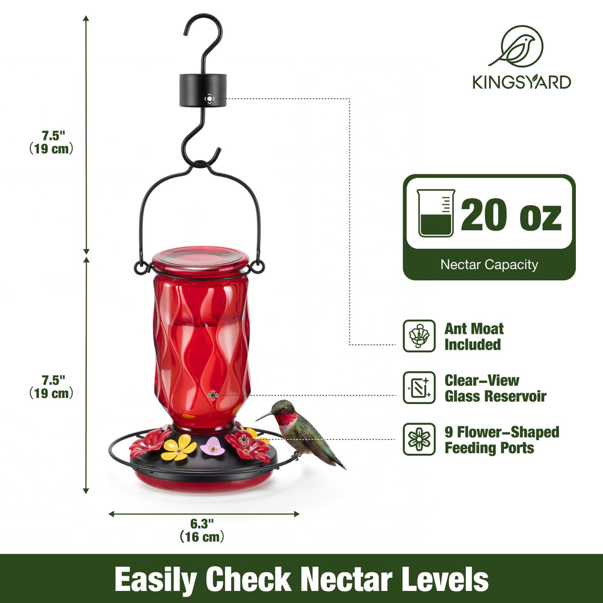 Kingsyard Glass Hummingbird Feeder for Outdoors Hanging, 20 oz Leak-Proof Hummingbird Feeders with 9 Bee Proof Feeding Ports & Ant Moat, Easy to Clean and Refill (Red) 🍁 All In One Marketplace Canada