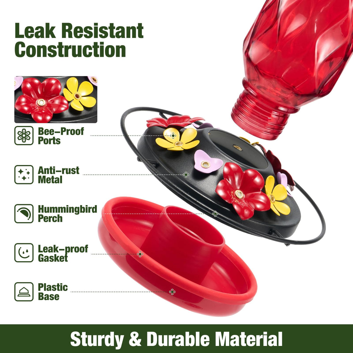 Kingsyard Glass Hummingbird Feeder for Outdoors Hanging, 20 oz Leak-Proof Hummingbird Feeders with 9 Bee Proof Feeding Ports & Ant Moat, Easy to Clean and Refill (Red) 🍁 All In One Marketplace Canada