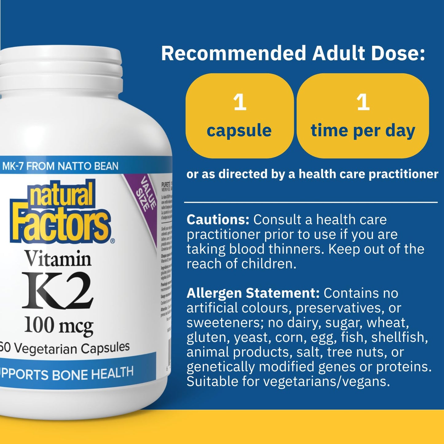 Natural Factors K2 Vitamin Supplement 100 mcg, VALUE SIZE, 360 Vegetarian Capsules, MK-7 from Natto Bean, Helps Support Bones, Vegan, Non-GMO, Proudly Canadian 🍁 All In One Marketplace Canada